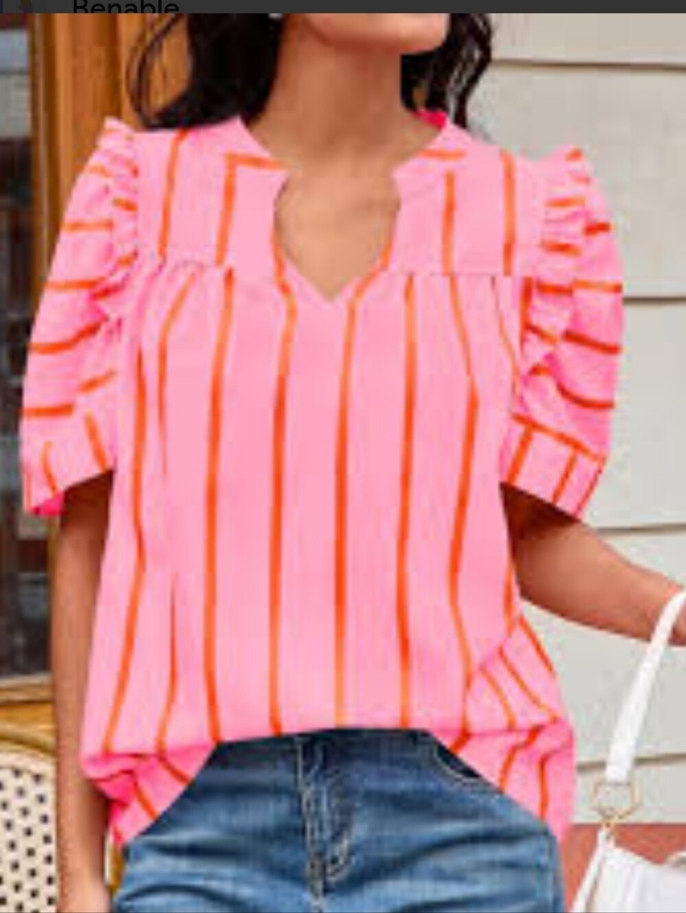 Pink & Orange Striped V-neck Puff Sleeve Blouse, M